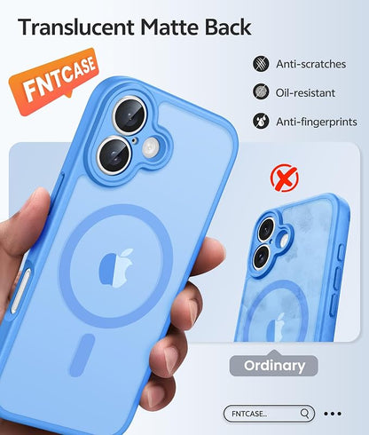FNTCASE for iPhone 17 Case, Compatible with Magsafe, Glass Screen Protector | Full Camera Protection, Translucent Matte, 14FT Military Grade Drop Proof, Shockproof Protective Phone Cover, Ice Blue