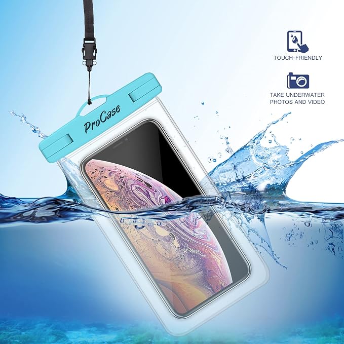 ProCase Waterproof Phone Pouch for iPhone 17 Air 16 15 14 13 12 11 Pro Plus Max Mini Xs XR X 8 7 Galaxy S23 S22 S21 Ultra Note Black Underwater Case, up to 7" -Blue/Green/Pink/Yellow