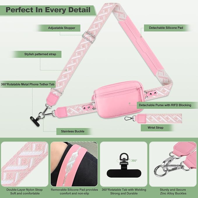 YFWE Clip and Go Strap for Phone with Wallet Crossbody, Adjustable Phone Lanyard with Detachable RFID Wristlet Wallet, Pattern Strap, Pink(M)