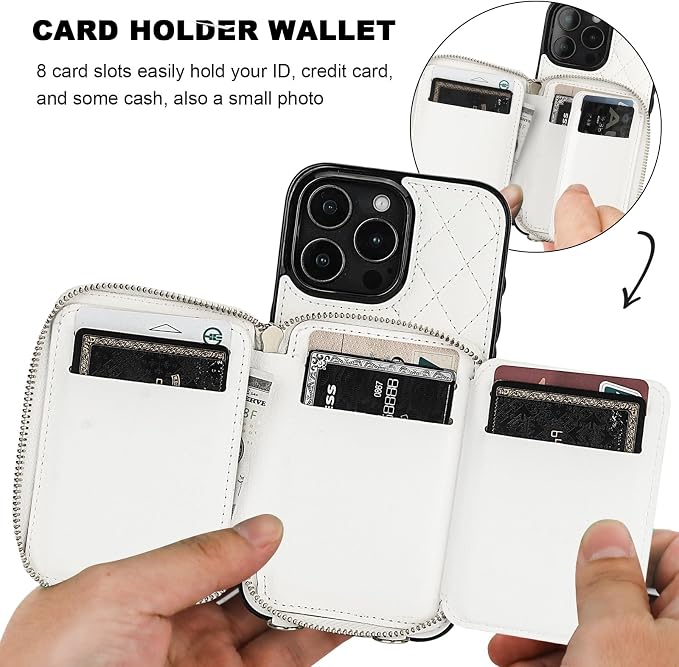 Bocasal Crossbody Wallet Case for iPhone 16 Pro Max, RFID Blocking PU Leather Zipper Handbag Purse Flip Cover, Kickstand Folio Case with Card Slots Holder Wrist Strap Lanyard 5G 6.9 Inch (White)