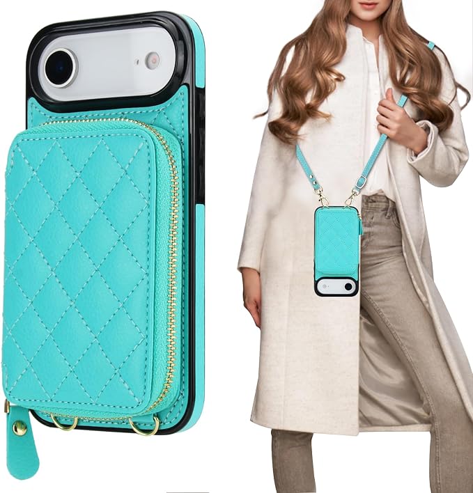 Bocasal Crossbody Wallet Case for iPhone 17 Air, RFID Blocking PU Leather Zipper Handbag Purse Flip Cover, Kickstand Folio Case with Card Slots Holder Wrist Strap Lanyard 5G 6.5 Inch (Mint Green)