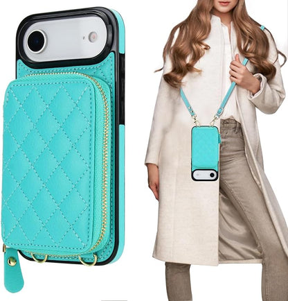 Bocasal Crossbody Wallet Case for iPhone 17 Air, RFID Blocking PU Leather Zipper Handbag Purse Flip Cover, Kickstand Folio Case with Card Slots Holder Wrist Strap Lanyard 5G 6.5 Inch (Mint Green)