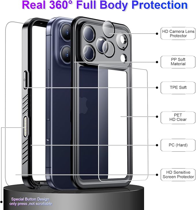 Temdan Compatible with iPhone 17 Pro Case,Waterproof Built-in Screen & Camera Protector IP68 Underwater Full Body 17FT Military Dropproof Shockproof Phone Case 6.3"-Black/Clear