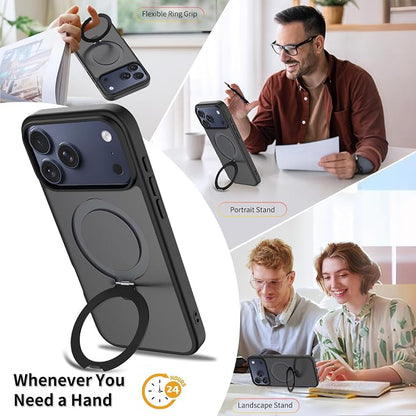 Ultra-Magnetic Stand for iPhone 17 Pro Case [Military Drop Protection] [Compatible with MagSafe] Shockproof Translucent Matte Slim Ring Holder Case for iPhone 17 Pro (Black)