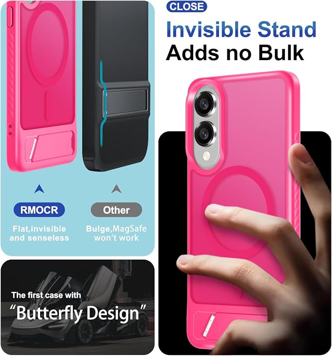 RMOCR for Samsung Galaxy S25 Edge Case with Screen Protector+Lanyard Wrist Strap,Magnetic Translucent Matte Rugged Slim Phone Cover Built in Invisible Kickstand [Fit for MagSafe],2025 Hot Pink