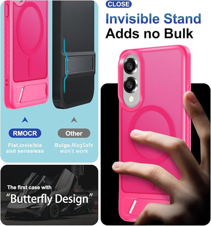 RMOCR for Samsung Galaxy S25 Edge Case with Screen Protector+Lanyard Wrist Strap,Magnetic Translucent Matte Rugged Slim Phone Cover Built in Invisible Kickstand [Fit for MagSafe],2025 Hot Pink