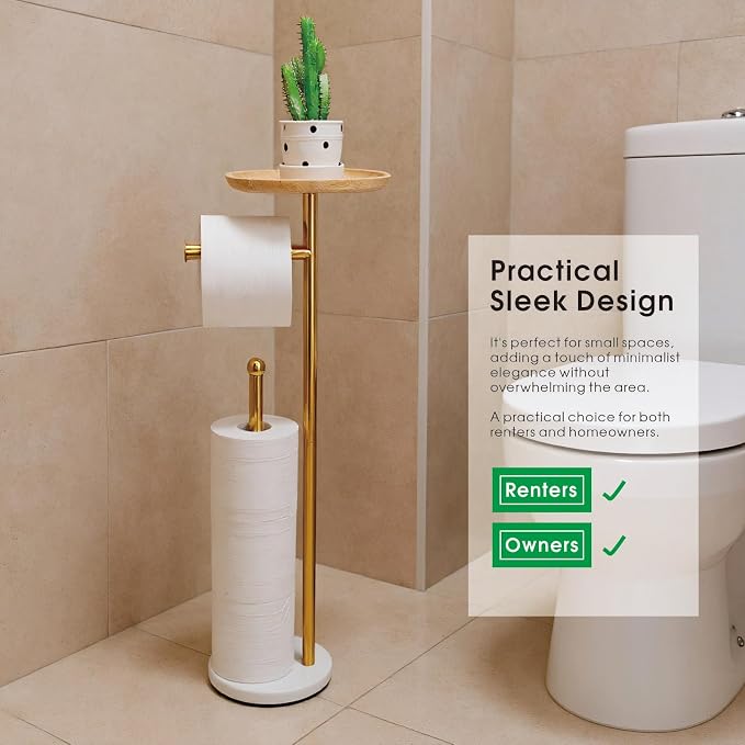 Standing Toilet Paper Holder Gold with 7.9" Big Tray, 2.2Lbs Heavier Marble Base, Freestanding Paper Holder Stand with Phone Shelf, Holds 5 Paper Rolls (Gold)