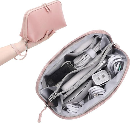 FYY Travel Cable Organizer - 8 Compartments, Lightweight, Water Repellent | With Wrist Strap, Portable Tech Pouch for Cord Charger, Travel and Business Trips Use, Soft Shell Nylon, Pink (Large)