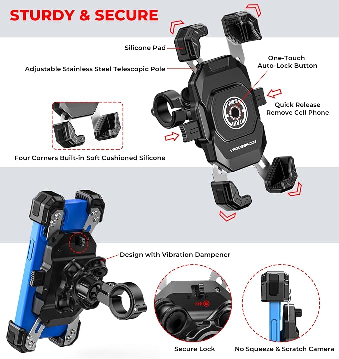 VAZESWIN Motorcycle Phone Mount with Vibration Dampener, 1s Lock Bike Phone Holder with Aluminum Alloy Handlebar Mounting Base, One-Handed Operation Motorcycle Cellphone Mount for 5.5"-7.2" Smartphone