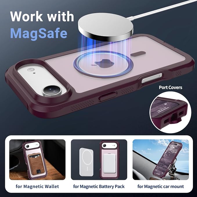 jaroco Magnetic for iPhone Air Case, [Compatible with MagSafe][Military Grade Drop Protection][Heavy Duty Protection][Non-Slip][Shockproof] 2-Layer Durable Bumper Phone Case 6.5''-Wine Red