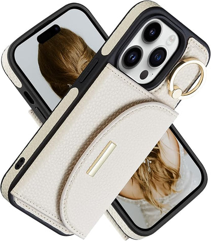 Keallce Wallet Case for iPhone 14 Pro 6.1'', Flip Case with Card Slots, Ring Holder Kickstand, PU Leather Protective Folio Cover for Women, Beige