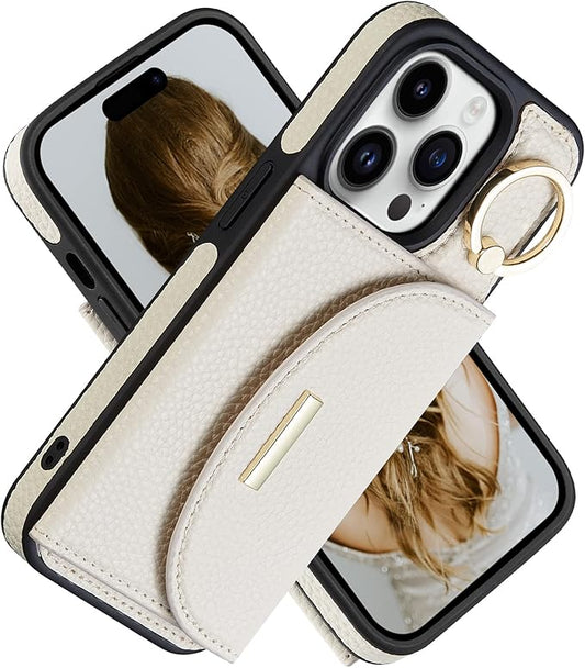 Keallce Wallet Case for iPhone 14 Pro 6.1'', Flip Case with Card Slots, Ring Holder Kickstand, PU Leather Protective Folio Cover for Women, Beige