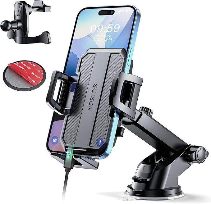 Upgraded 3-in-1 Car Phone Holder Mount [Powerful Suction] Phone Mount for Car Dashboard Air Vent Windshield,for All iPhone Android Phone, Dark Black