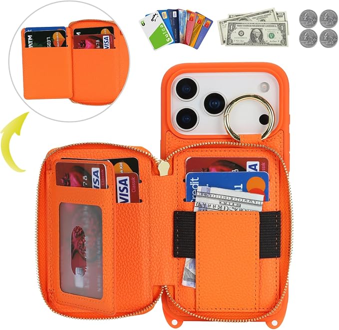 Crossbody Wallet Case for iPhone 17 Pro Max, PU Leather Zipper Handbag Purse Flip Cover, Kickstand Folio Case with Card Slots Holder Wrist Strap Lanyard 5G 6.9 Inch-Orange