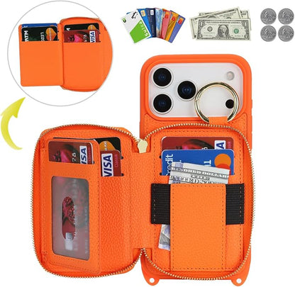 Crossbody Wallet Case for iPhone 17 Pro Max, PU Leather Zipper Handbag Purse Flip Cover, Kickstand Folio Case with Card Slots Holder Wrist Strap Lanyard 5G 6.9 Inch-Orange
