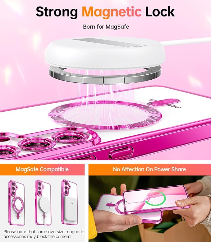 Meifigno Case Designed for Samsung Galaxy S25 6.2 inch, [Compatible with MagSafe] [2X HD Screen Protectors] [Glitter Card & Wrist Strap] Surround Lens Protection Case for Samsung Galaxy S25, Hot Pink