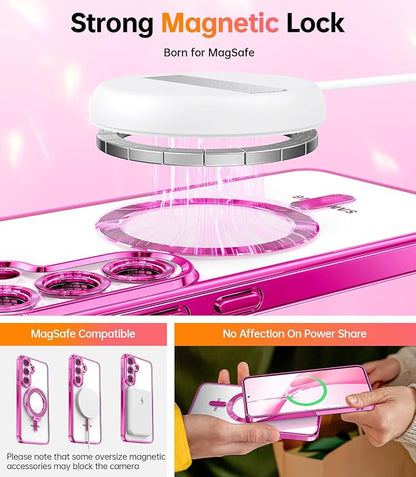 Meifigno Designed for Samsung Galaxy S25 Plus Case, [Compatible with MagSafe] [2X HD Screen Protectors] [Glitter Card & Wrist Strap] Surround Raised Lens Protection Case for S25 Plus 6.7", Hot Pink