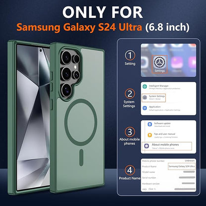 For Samsung Galaxy S24 Ultra Case [Compatible with Magsafe] Translucent Matte Magnetic Phone Case,Slim Thin Duty Shockproof Protection Cover with 2pc Screen Protector Case for S 24 Ultra-Dark green