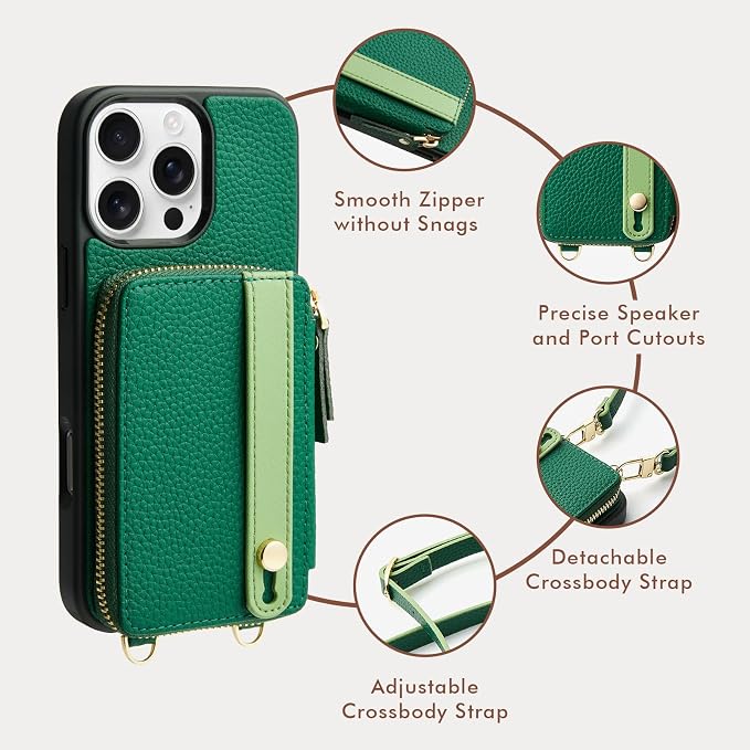 LAMEEKU Compatible for iPhone 16 Pro Max Wallet Case, Zipper Leather Card Slots, Crossbody With Phone Grip Holder Stand Wrist Strap for 6.9 Inch Dark Green