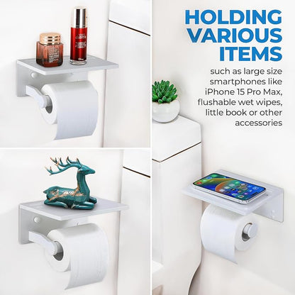 Homely Trove Toilet Paper Holder with Phone Shelf - Tissue Roll Holder Bathroom Storage Dispenser - Adhesive Toilet Paper Holder Wall Mount Bathroom Décor - Matte White