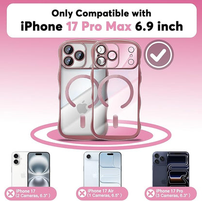 Misscase Designed for iPhone 17 Pro Max Case 6.9",with Privacy Screen Protector*1,Cute Wave Frame Case with Camera Lens Protector,Compatible with MagSafe Plating Bling for Women Pink