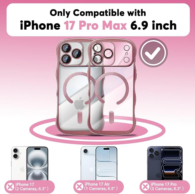 Misscase Designed for iPhone 17 Pro Case 6.3",with Privacy Screen Protector*1,Cute Wave Frame Case with Camera Lens Protector,Compatible with MagSafe Plating Bling for Women Pink