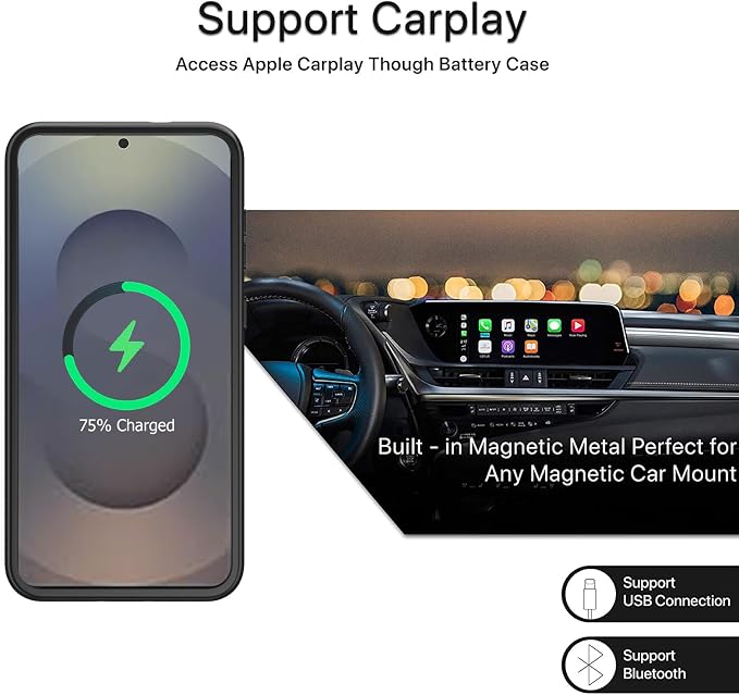 Battery Case for Galaxy S25, 10000mAh High Capacity Rechargeable Portable Protective Extended Charger Cover Compatible with Galaxy S25 (6.2 inch) Wireless Charging Case with Screen Protector-Black