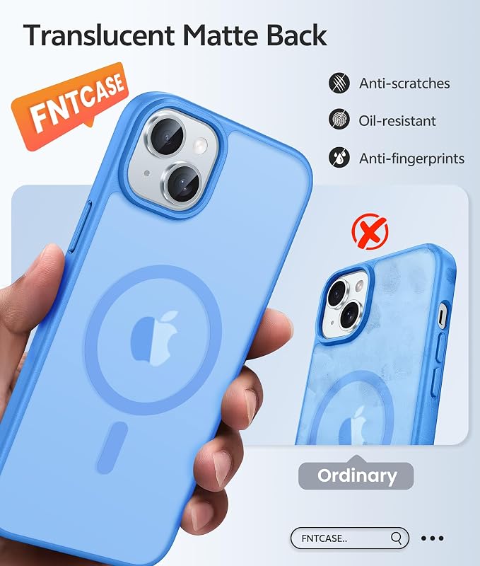 FNTCASE for iPhone 15 Case: for iPhone 14 Case & iPhone 13 Case [Compatible with Magsafe] Translucent Matte Cases with [Screen Protector] Military Grade Shockproof Protective Phone Cover - Ice Blue