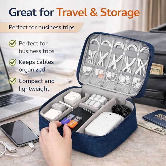 CARIGO Portable Electronics Organizer Bag, Double Layer Travel Gadget Organizer, Waterproof Digital Storage Case for Cables, Chargers, USB, SD Cards, Power Bank (Blue)
