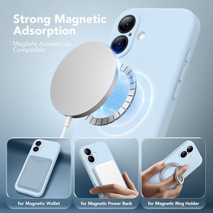 Magnetic for iPhone 17 Case, Compatible with MagSafe, [Full Camera Protection][Screen Protector] Silicone Shockproof Protective Phone Case for iPhone 17 6.3", Light Blue