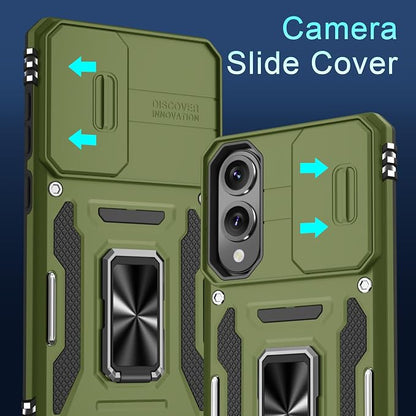 DEERLAMN Case for Samsung Galaxy S25 Edge with Slide Camera Cover+Screen Protector (1 Pack), Rotated Ring Kickstand Military Grade Shockproof Protective Cover-Olive Green