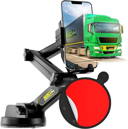 Cell Phone Mount for Truck Phone Holder for Truck Drivers - Heavy Duty Suction Cup + Dashboard Pad, iPhone Holder for Dashboard Window 16.9 inch Long, for iPhone & Samsung, Commercial Trucker, Black