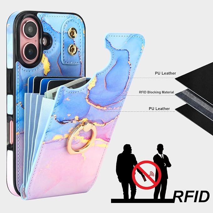 HAOPINSH for iPhone 16 Wallet Case with Card Holder, 360°Rotation Ring Kickstand, Pink Blue Marble Pattern, RFID Blocking Leather for Girls Women, Double Buttons Protective Cover 6.1"