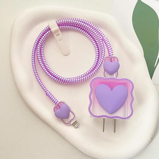 18W/20W 5 in 1 Clear Charger Cover Compatible with iPhone 11/12/13/14/15 Pro Max & MacBook Neo 13 Inch, DIY 3D Love Heart Waves Soft TPU Charger Protector Case & Cute Cable Protector, Purple
