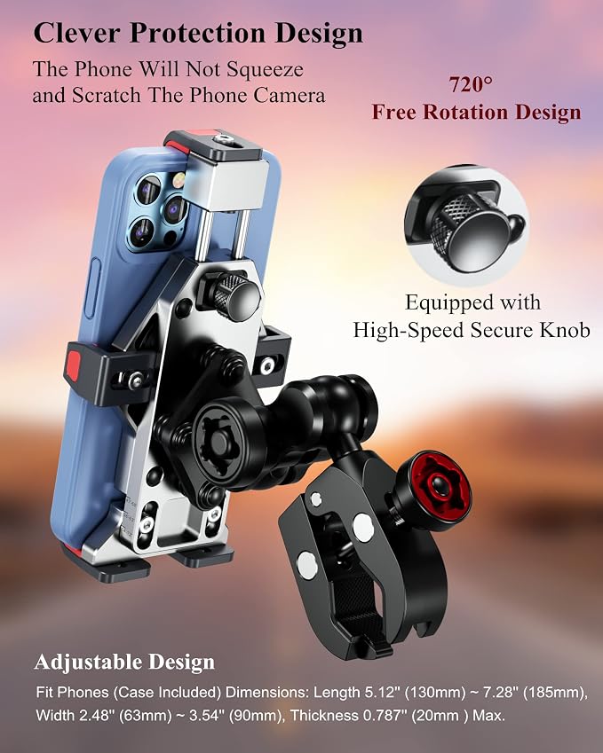 BRCOVAN Anti-Theft Aluminum Alloy Motorcycle Phone Mount Holder with Vibration Dampener & Secure Lock, Adjustable Bike Handlebar Cellphone Mount for Bicycle Scooter ATV UTV, Fit 4.7''-7.2'' Smartphone