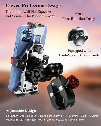 BRCOVAN Anti-Theft Aluminum Alloy Motorcycle Phone Mount Holder with Vibration Dampener & Secure Lock, Adjustable Bike Handlebar Cellphone Mount for Bicycle Scooter ATV UTV, Fit 4.7''-7.2'' Smartphone
