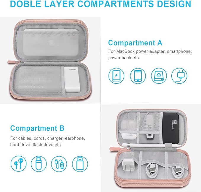Lacdo Electronic Organizer, Travel Cable Organizer Bag Pouch Tech Electronic Accessories Carry Case Portable Double Layer Charger Case for Cable, Cord, Charger, Phone, Earphone, Power Bank, Light Pink