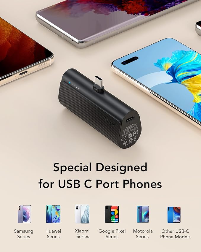 VEGER 2 Packs of Small USB C Portable Chargers, 5000mAh Power Bank Fast Charge Travel Essentials Battery Pack Compatible for iPhone 17/Air/17 Pro/17 Pro Max, Samsung Galaxy S25/S24/Android