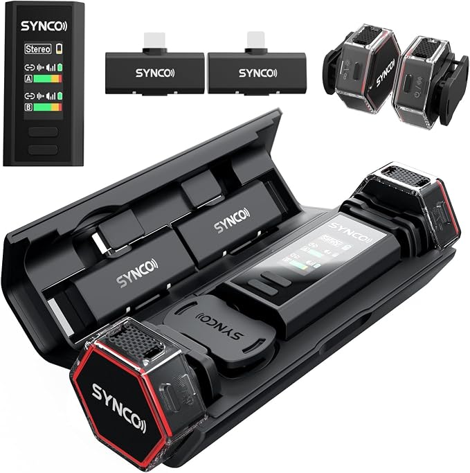 SYNCO G4 Wireless Lavalier Microphone System 2.4G with 200M Range 2.0 Noise Cancellation,Magnetic Clip Design,Portable Charging Case 8H Mini Mic for Broadcasting Vlog Stream YouTube DSLR Smartphone