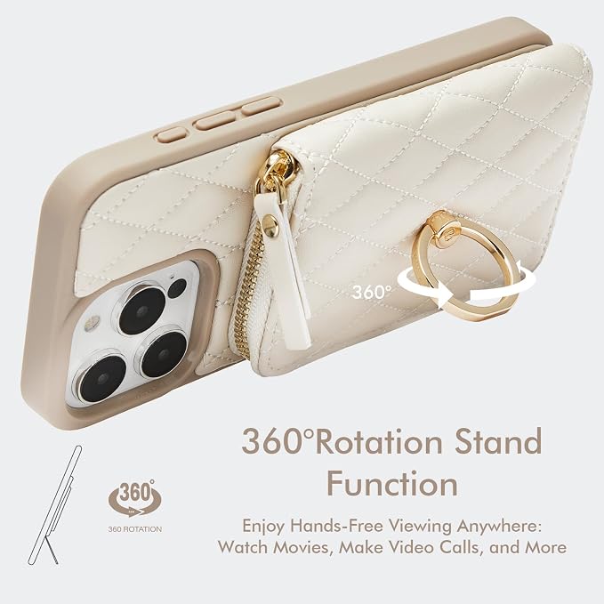 ZVE for iPhone 16 Pro Case Wallet for Women, Crossbody Case with Wrist Strap Protective Leather Lanyard Case with Ring Holder Flip Cover 6.3 Inch-Beige