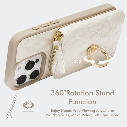 ZVE for iPhone 16 Pro Case Wallet for Women, Crossbody Case with Wrist Strap Protective Leather Lanyard Case with Ring Holder Flip Cover 6.3 Inch-Beige