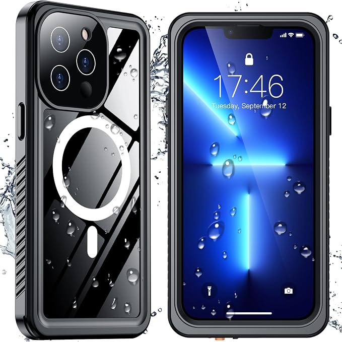 SPIDERCASE Magnetic for iPhone 13 Pro Max Case Waterproof,Built-in Screen & Camera Lens Protector[IP68 Underwater] [Military Grade Shockproof] Full Body Protection Phone Case,Black/Clear
