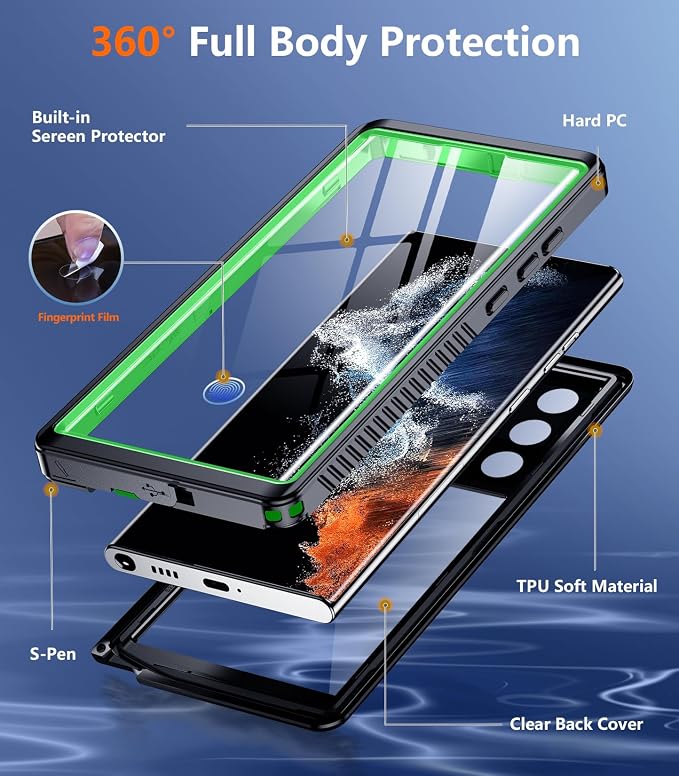 Temdan for Samsung Galaxy S22 Ultra Case,Waterproof Built-in Lens & Screen Protector[Full Body Shockproof][12 FT Military Drop Proof][Dustproof][IP68 Underwater] Case for S22 Ultra 5G 6.8”-Green