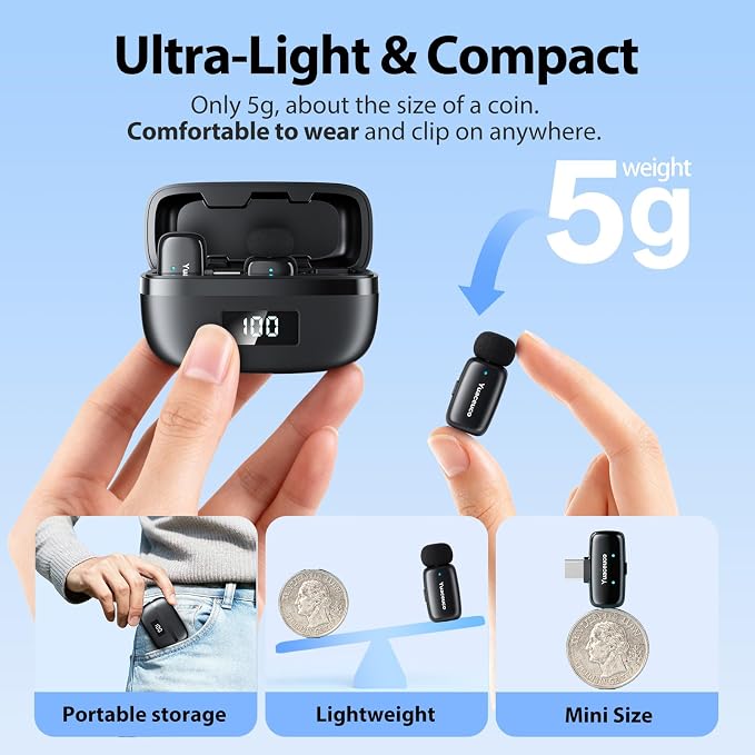 Mini Wireless Lavalier Microphone for iPhone ipad Android, Noise Reduction and Mute, 33h Charging Case, AI Voice Changer, 131FT Range, Mini Lapel Mic for Video Recording, Vlogging, YouTube