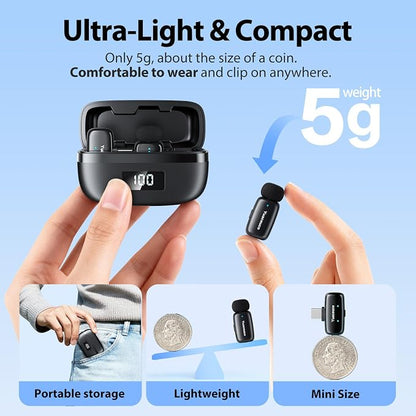Mini Wireless Lavalier Microphone for iPhone ipad Android, Noise Reduction and Mute, 33h Charging Case, AI Voice Changer, 131FT Range, Mini Lapel Mic for Video Recording, Vlogging, YouTube
