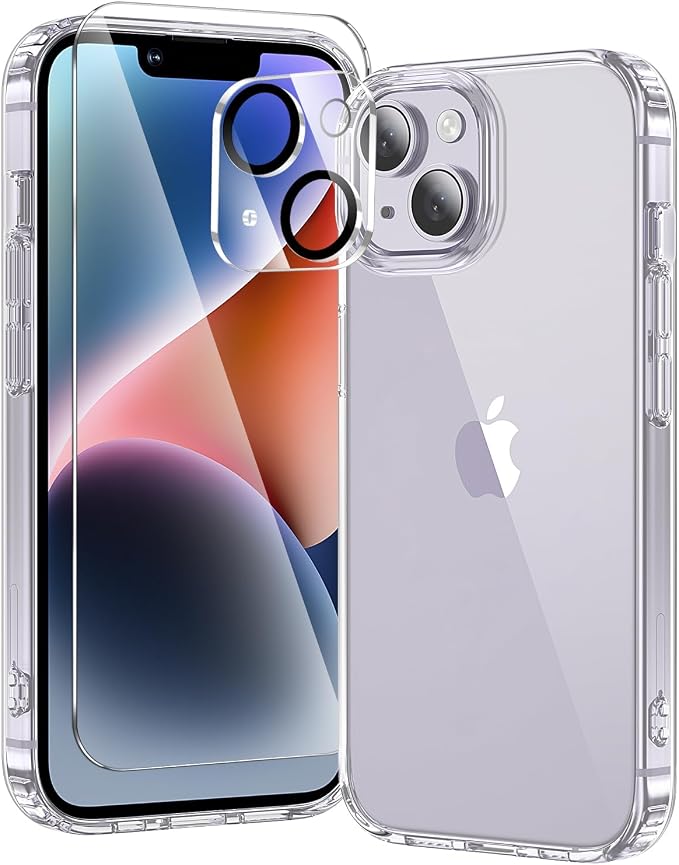 3 in 1 for iPhone 14 Case Clear,[Yellowing-Resistant Acrylic Back] Screen Protector *1 & Camera Lens Protector*1, Shockproof for iPhone 14 Phone Case 6.1 inch Clear