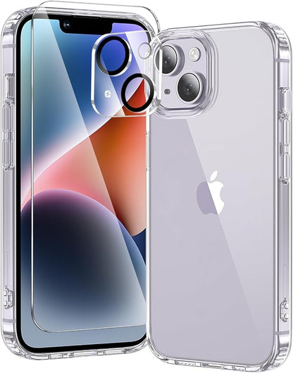 3 in 1 for iPhone 14 Case Clear,[Yellowing-Resistant Acrylic Back] Screen Protector *1 & Camera Lens Protector*1, Shockproof for iPhone 14 Phone Case 6.1 inch Clear