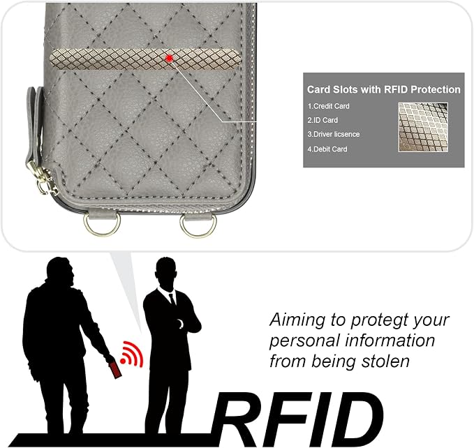 Bocasal Crossbody Wallet Case for iPhone 16, RFID Blocking PU Leather Zipper Handbag Purse Flip Cover, Kickstand Folio Case with Card Slots Holder Wrist Strap Lanyard 5G 6.1 Inch (Grey)