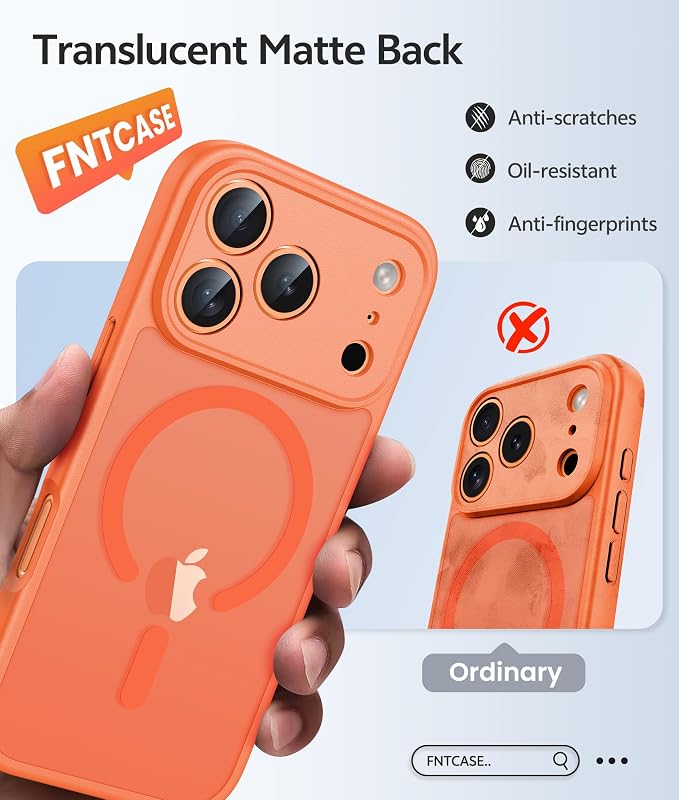FNTCASE for iPhone 17 Pro Max Case: [Compatible with Magsafe] Translucent Matte Cases with [Full Camera Protection] [Screen Protector] Military Grade Shockproof Protective Phone Cover - Orange