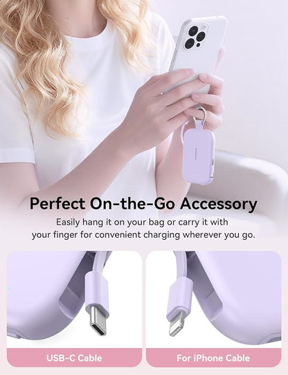 RORRY CharmGo Portable Charger, 5000mAh Portable Charger Power Bank with Built-in Cables, Travel Keychain Charger Battery Pack for iPhone 17/16/15/14/13/12, for AirPods 2/3/4/Pro, Purple